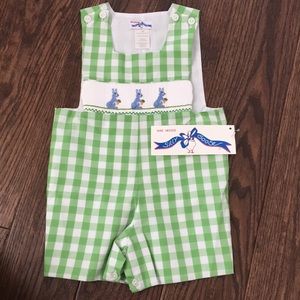 Size 12 mon Silly Goose smocked Easter shortalls